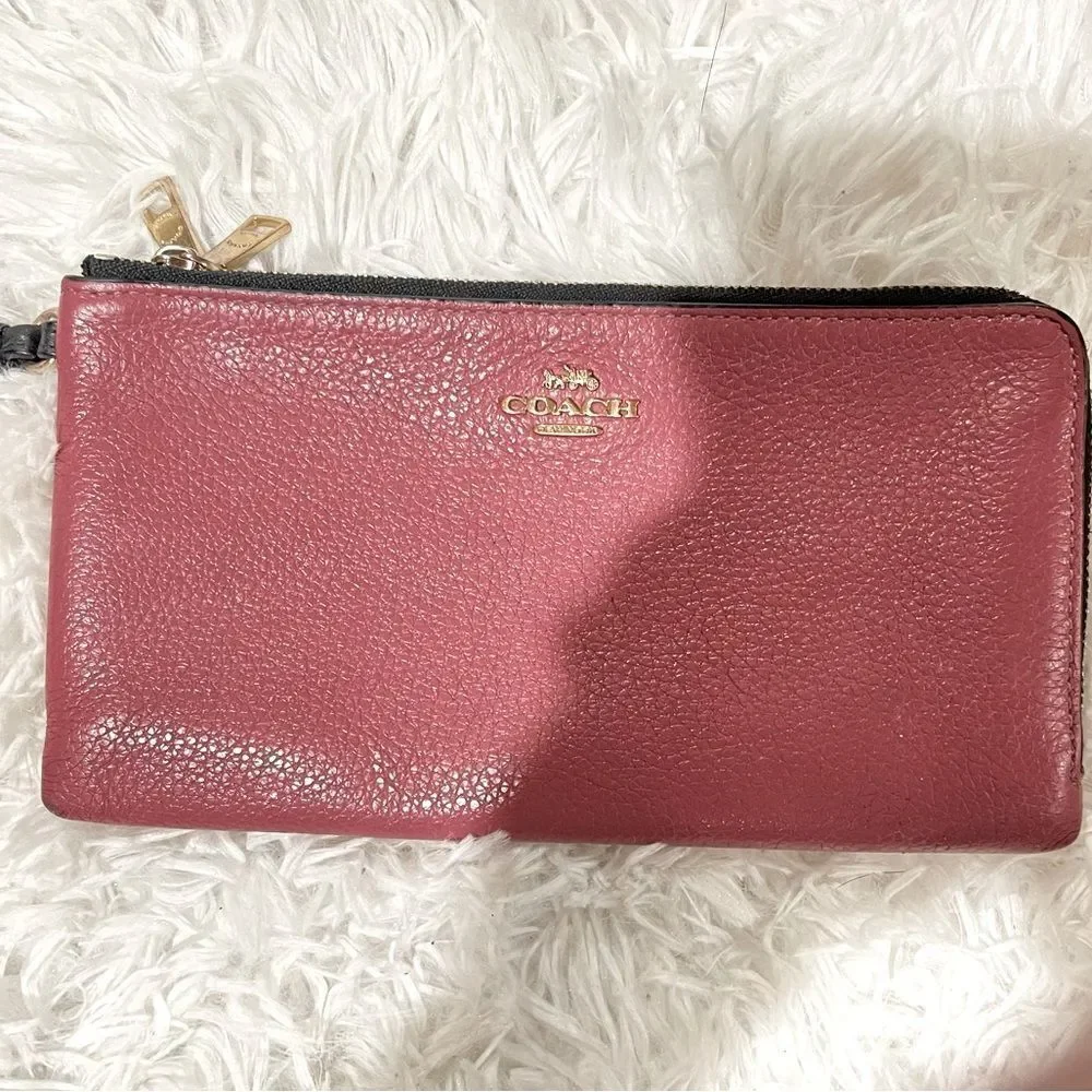 Coach Color Block Rouge Creme Pebbled Leather Large Double Zip Wristlet Wallet